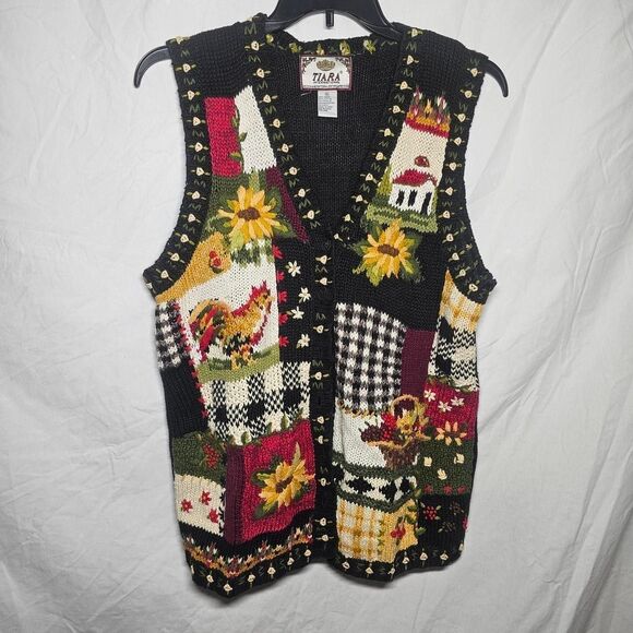 Vintage 90s knit summer fall sunflower chicken farm vest - Picture 1 of 3